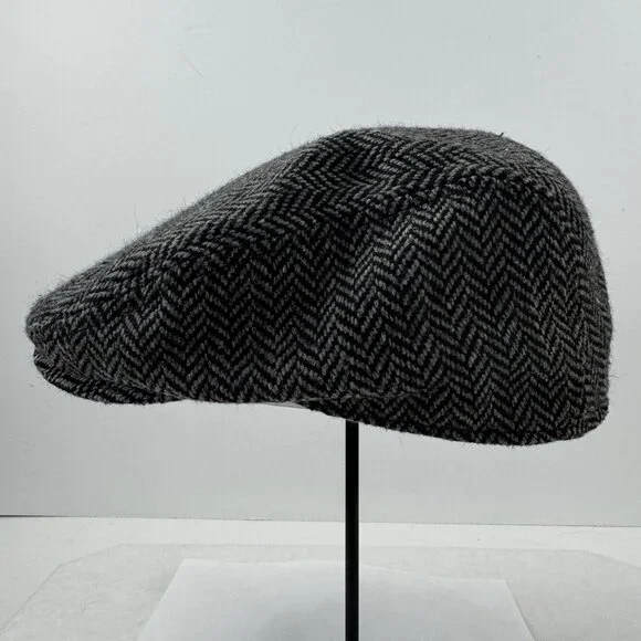 Chaps Mens Herringbone Flat Cap Newsboy Hat Wool Polyester Black Gray S/M - Picture 2 of 8